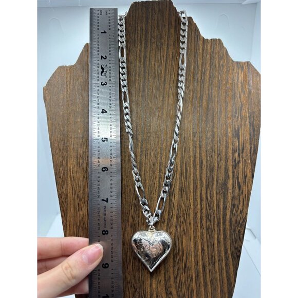 Sterling Silver Rope Necklace and Puffed Heart Pendant 18" Chain Link 52 Grams - Picture 8 of 10